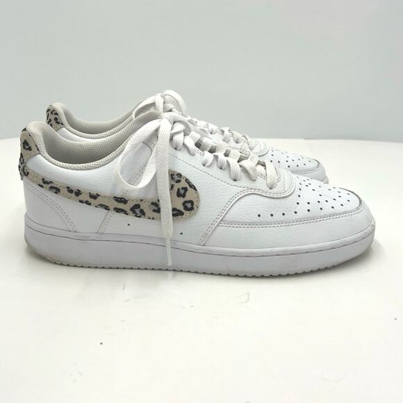 Nike Women’s Court Vision Low Leopard Swoosh White Sneakers Size 9.5 - Picture 1 of 9